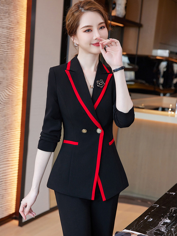 Divatos női nadrágkosztüm formális női irodai munkaruha 2 részes szett piros sárga fekete blézer és nadrág