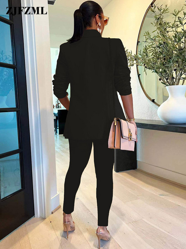 Irodai Ldies kétrészes nadrágkosztümök női üzleti munkaruha ruhák hornyolt gallérral, hosszú ujjú blézerrel és magas derekú ceruzanadrággal