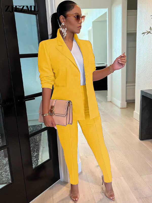 Irodai Ldies kétrészes nadrágkosztümök női üzleti munkaruha ruhák hornyolt gallérral, hosszú ujjú blézerrel és magas derekú ceruzanadrággal