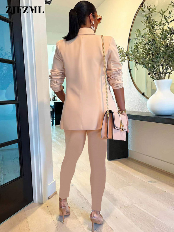 Irodai Ldies kétrészes nadrágkosztümök női üzleti munkaruha ruhák hornyolt gallérral, hosszú ujjú blézerrel és magas derekú ceruzanadrággal