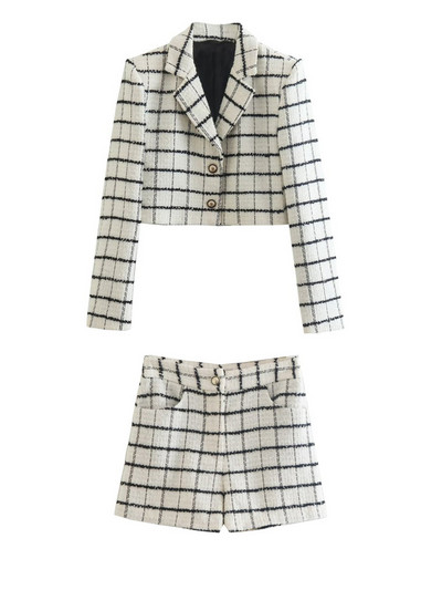 Kumsvag 2022 őszi női kockás rövidnadrág öltöny 2 részes készlet Alkalmi Veins Rövid blézerek Kabátok és rövidnadrágok Női Elegáns öltönyszövet