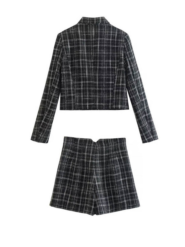Kumsvag 2022 őszi női kockás rövidnadrág öltöny 2 részes készlet Alkalmi rövid blézerek Kabátok és rövidnadrágok Női Elegáns, édes öltönyszövet