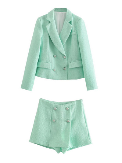 Kumsvag 2022 Autumn Women Veins Shorts Suits 2 részes készlet Alkalmi Solid Blazers Kabátok és rövidnadrágok Női Elegáns OL Öltöny Ruházat