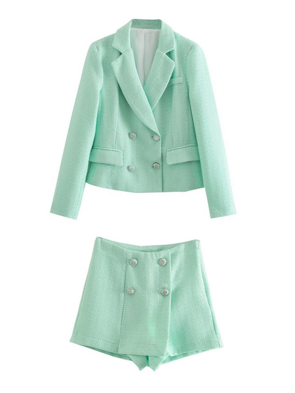Kumsvag 2022 Autumn Women Veins Shorts Suits 2 részes készlet Alkalmi Solid Blazers Kabátok és rövidnadrágok Női Elegáns OL Öltöny Ruházat