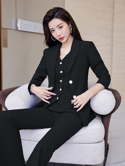 Divatos női mellény blézer és nadrágkosztüm piros kék rózsaszín fehér sötétkék irodai hölgyek hivatalos üzleti munkaruha 3 részes készlet