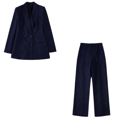 TRAF 2023 női blézer nadrág öltöny OL lenvászon duplasoros blézer + uniszex vászon hosszú nadrágok alapvető kauzális ruhák