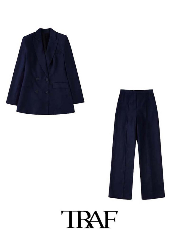 TRAF 2023 női blézer nadrág öltöny OL lenvászon duplasoros blézer + uniszex vászon hosszú nadrágok alapvető kauzális ruhák