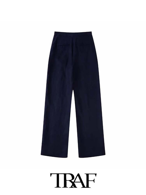 TRAF 2023 női blézer nadrág öltöny OL lenvászon duplasoros blézer + uniszex vászon hosszú nadrágok alapvető kauzális ruhák