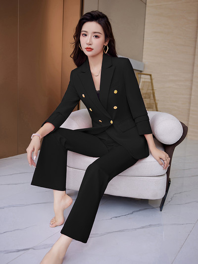 Fehér fekete rózsaszín irodai női nadrágkosztüm női gombos díszítéssel blézer és nadrág hivatalos üzleti munkaruha 2 részes készlet