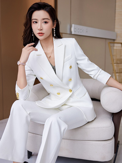 Fehér fekete rózsaszín irodai női nadrágkosztüm női gombos díszítéssel blézer és nadrág hivatalos üzleti munkaruha 2 részes készlet