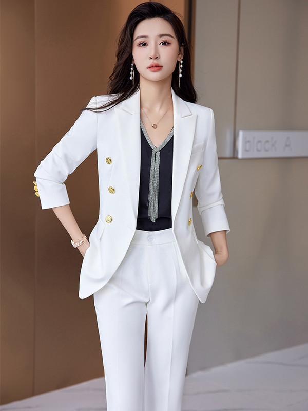 Fehér fekete rózsaszín irodai női nadrágkosztüm női gombos díszítéssel blézer és nadrág hivatalos üzleti munkaruha 2 részes készlet