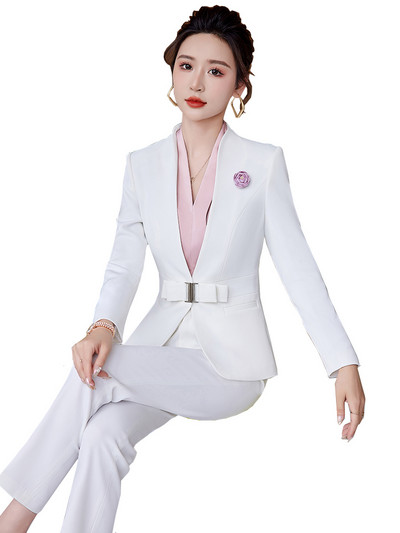 Irodai hölgyek hivatalos üzleti munkaruha nadrágkosztüm női fehér fekete bor sötétkék női V-nyakú blézer és nadrág 2 részes szett