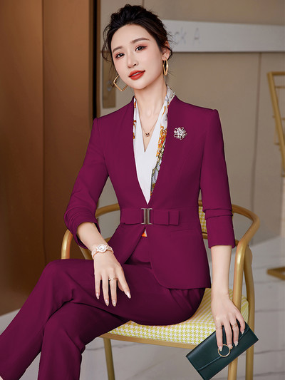 Irodai hölgyek hivatalos üzleti munkaruha nadrágkosztüm női fehér fekete bor sötétkék női V-nyakú blézer és nadrág 2 részes szett