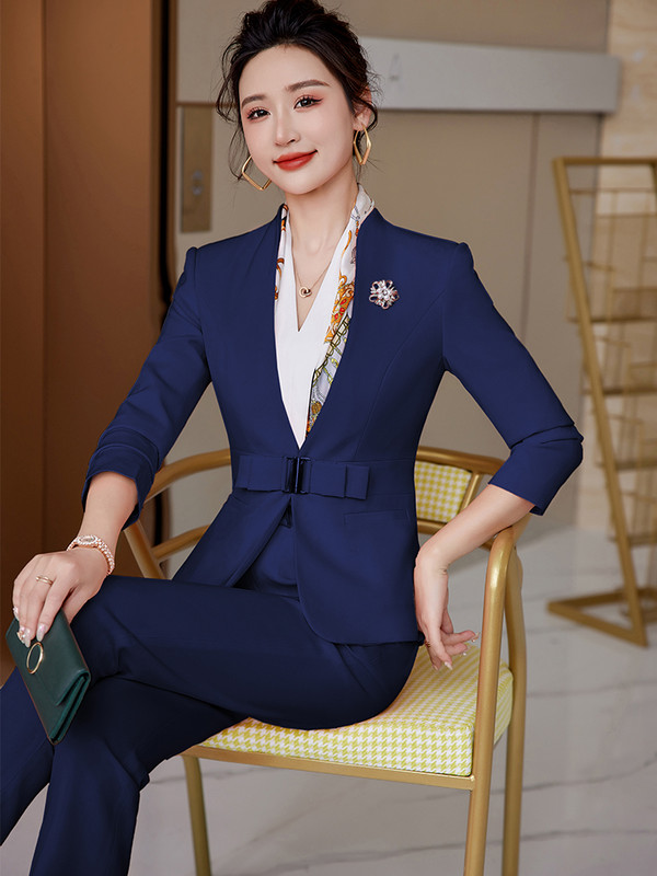 Irodai hölgyek hivatalos üzleti munkaruha nadrágkosztüm női fehér fekete bor sötétkék női V-nyakú blézer és nadrág 2 részes szett