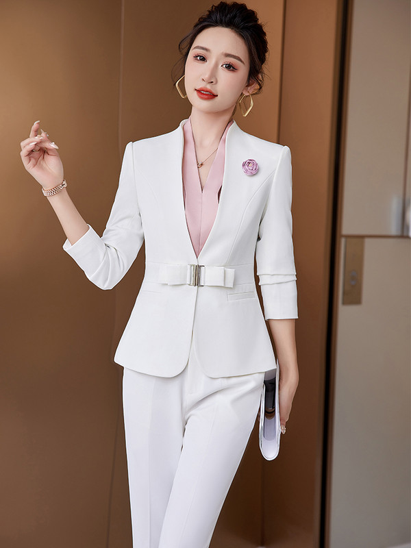 Irodai hölgyek hivatalos üzleti munkaruha nadrágkosztüm női fehér fekete bor sötétkék női V-nyakú blézer és nadrág 2 részes szett