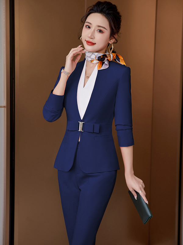 Irodai hölgyek hivatalos üzleti munkaruha nadrágkosztüm női fehér fekete bor sötétkék női V-nyakú blézer és nadrág 2 részes szett