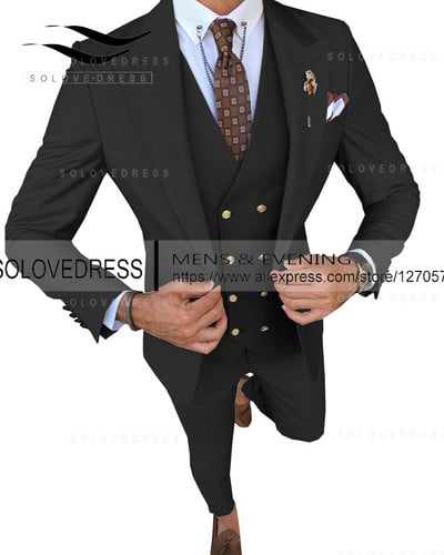 Slim Fit divatos 3 részes férfi öltönyök hivatalos üzleti szmoking Urak esküvői vőlegény szabályai Blézer + nadrág + mellény