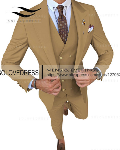 Slim Fit divatos 3 részes férfi öltönyök hivatalos üzleti szmoking Urak esküvői vőlegény szabályai Blézer + nadrág + mellény