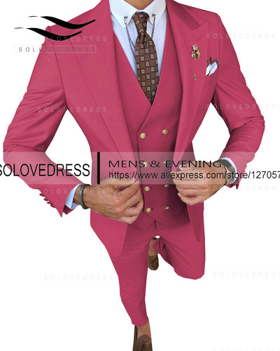 Slim Fit divatos 3 részes férfi öltönyök hivatalos üzleti szmoking Urak esküvői vőlegény szabályai Blézer + nadrág + mellény