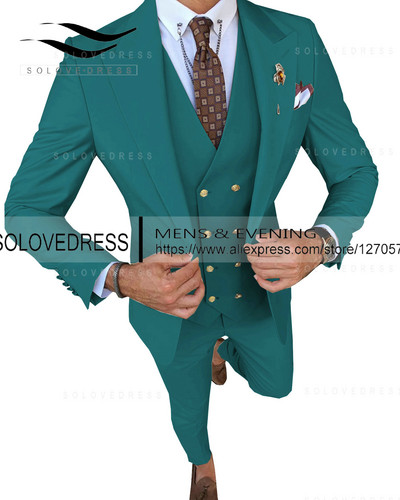 Slim Fit divatos 3 részes férfi öltönyök hivatalos üzleti szmoking Urak esküvői vőlegény szabályai Blézer + nadrág + mellény