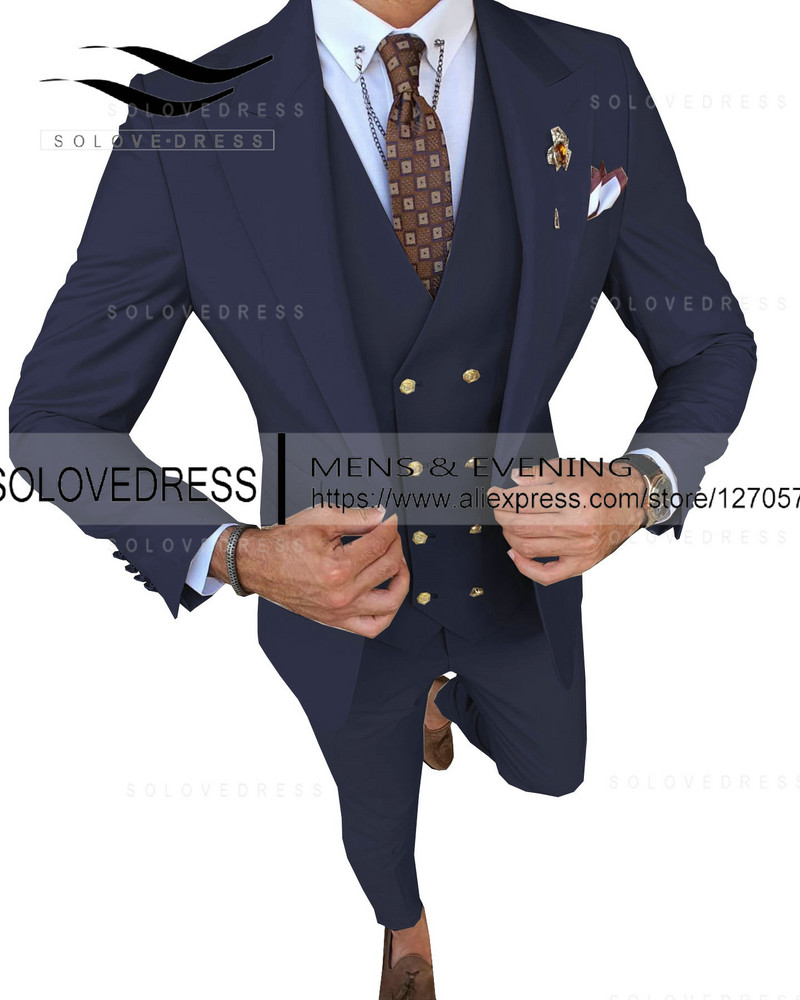 Slim Fit divatos 3 részes férfi öltönyök hivatalos üzleti szmoking Urak esküvői vőlegény szabályai Blézer + nadrág + mellény