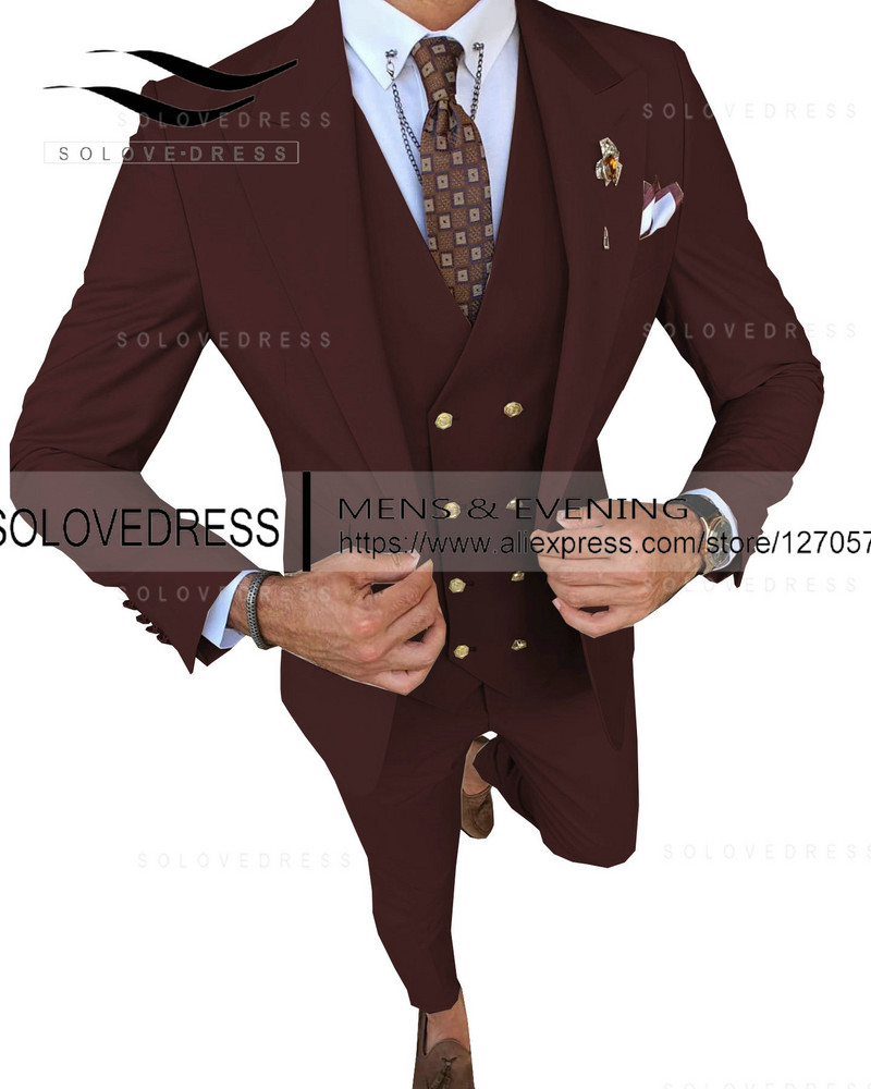 Slim Fit divatos 3 részes férfi öltönyök hivatalos üzleti szmoking Urak esküvői vőlegény szabályai Blézer + nadrág + mellény