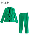 Icclek női blézer öltönyök zöld szett női 2 részes irodai hölgy elegáns nadrágkosztüm Magas derekú nadrágkosztümök blézer dzseki őszi