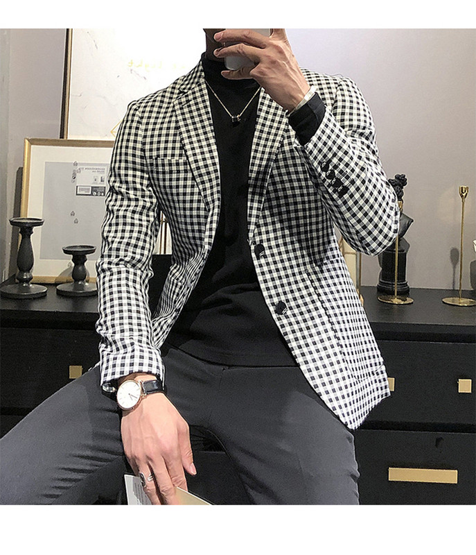 Férfi szmokingok, fehér és fekete kis rácsos férfi blézer esküvői vőlegény férfi öltöny (csak kabát))