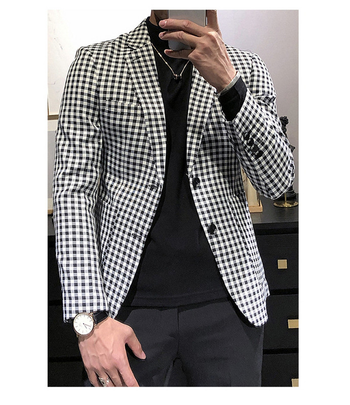 Férfi szmokingok, fehér és fekete kis rácsos férfi blézer esküvői vőlegény férfi öltöny (csak kabát))