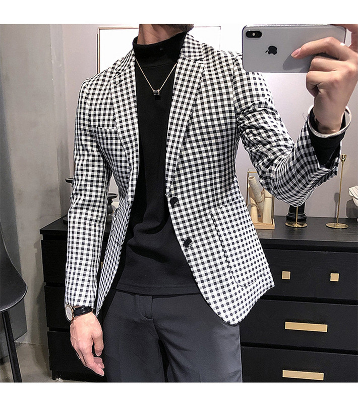 Férfi szmokingok, fehér és fekete kis rácsos férfi blézer esküvői vőlegény férfi öltöny (csak kabát))