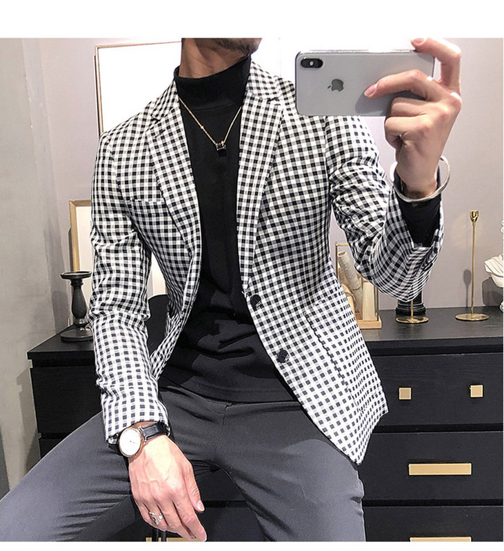 Férfi szmokingok, fehér és fekete kis rácsos férfi blézer esküvői vőlegény férfi öltöny (csak kabát))