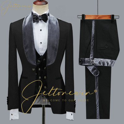 JELTONEWIN Virágos dzseki férfi öltöny karcsú szabású esküvői szmoking sötétkék bársony hajtóka Vőlegény parti öltönyök jelmez Homme legjobb férfi blézer