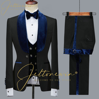 JELTONEWIN Virágos dzseki férfi öltöny karcsú szabású esküvői szmoking sötétkék bársony hajtóka Vőlegény parti öltönyök jelmez Homme legjobb férfi blézer