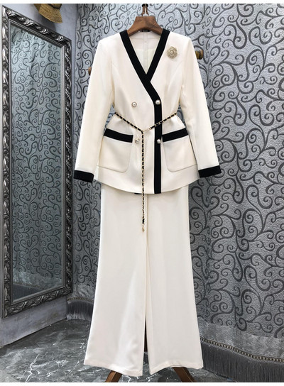 Kiváló minőségű blézer szettek 2022 őszi téli 2 részes nadrág szett női öv deco hosszú ujjú blézer kabátok + teljes hosszúságú nadrágkosztüm munka