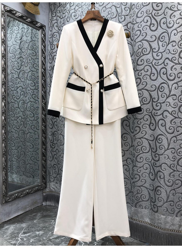 Kiváló minőségű blézer szettek 2022 őszi téli 2 részes nadrág szett női öv deco hosszú ujjú blézer kabátok + teljes hosszúságú nadrágkosztüm munka