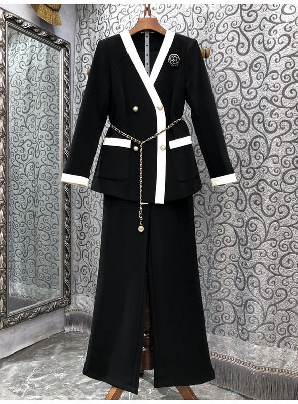 Kiváló minőségű blézer szettek 2022 őszi téli 2 részes nadrág szett női öv deco hosszú ujjú blézer kabátok + teljes hosszúságú nadrágkosztüm munka