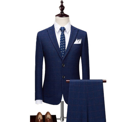 2020-as új kék férfi kockás öltöny, 2 részes szmoking, blézer formális vőfély öltöny esküvőre (blézer + nadrág)