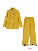 KONDALA Chic Solid Yellow női öltöny, hosszú ujjú V nyakú, bő blézer+hosszú egyenes nadrág, irodai női divat 2022 luxus öltönyök