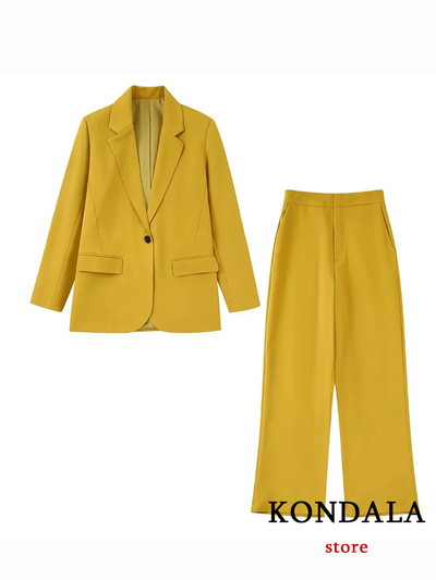 KONDALA Chic Solid Yellow női öltöny, hosszú ujjú V nyakú, bő blézer+hosszú egyenes nadrág, irodai női divat 2022 luxus öltönyök