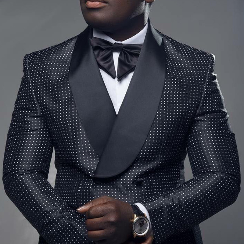 Fekete kockás pöttyös férfi öltönyök, dupla mellű esküvői karcsú, vőlegény szmoking, kétrészes szett kabát nadrág divat jelmez