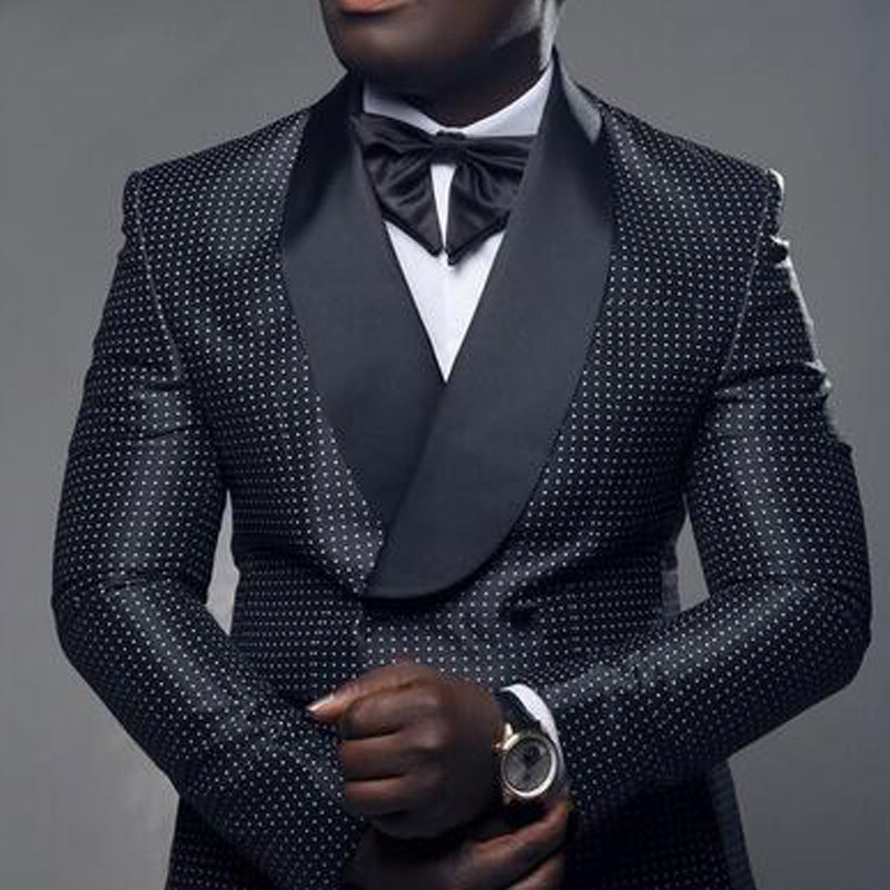 Fekete kockás pöttyös férfi öltönyök, dupla mellű esküvői karcsú, vőlegény szmoking, kétrészes szett kabát nadrág divat jelmez