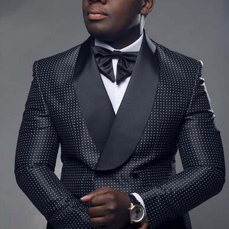 Fekete kockás pöttyös férfi öltönyök, dupla mellű esküvői karcsú, vőlegény szmoking, kétrészes szett kabát nadrág divat jelmez