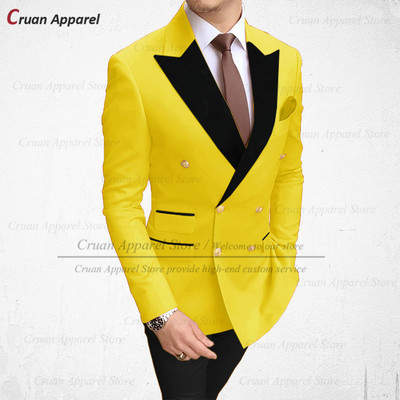 Divatos barna férfi öltönyök 2 részes karcsú szabású vőlegény vőlegény esküvői szmoking duplasoros fekete bársony hajtókás blézer nadrággal