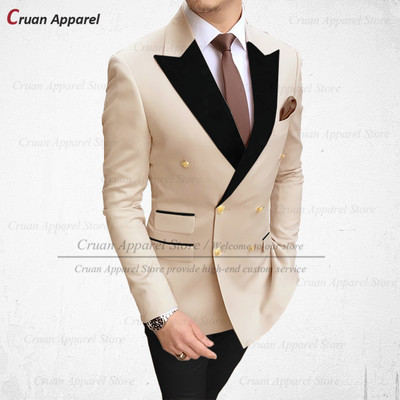 Divatos barna férfi öltönyök 2 részes karcsú szabású vőlegény vőlegény esküvői szmoking duplasoros fekete bársony hajtókás blézer nadrággal