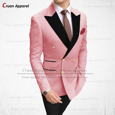 Divatos barna férfi öltönyök 2 részes karcsú szabású vőlegény vőlegény esküvői szmoking duplasoros fekete bársony hajtókás blézer nadrággal