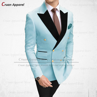 Divatos barna férfi öltönyök 2 részes karcsú szabású vőlegény vőlegény esküvői szmoking duplasoros fekete bársony hajtókás blézer nadrággal