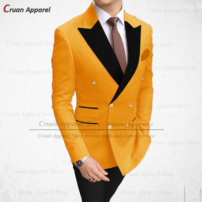 Divatos barna férfi öltönyök 2 részes karcsú szabású vőlegény vőlegény esküvői szmoking duplasoros fekete bársony hajtókás blézer nadrággal