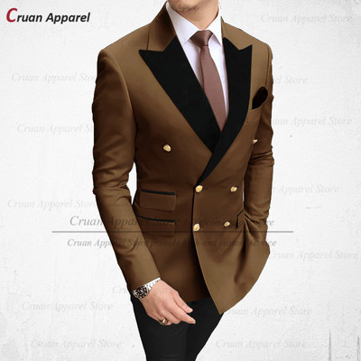 Divatos barna férfi öltönyök 2 részes karcsú szabású vőlegény vőlegény esküvői szmoking duplasoros fekete bársony hajtókás blézer nadrággal