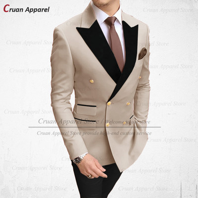 Divatos barna férfi öltönyök 2 részes karcsú szabású vőlegény vőlegény esküvői szmoking duplasoros fekete bársony hajtókás blézer nadrággal