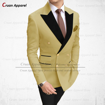 Divatos barna férfi öltönyök 2 részes karcsú szabású vőlegény vőlegény esküvői szmoking duplasoros fekete bársony hajtókás blézer nadrággal